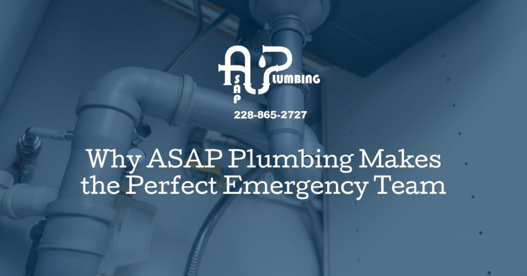 Plumbing pipes under a sink with ASAP Plumbing logo and emergency service message