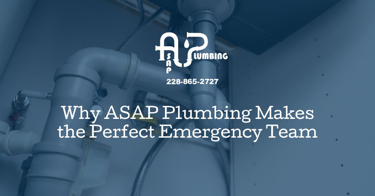 Plumbing pipes under a sink with ASAP Plumbing logo and emergency service message